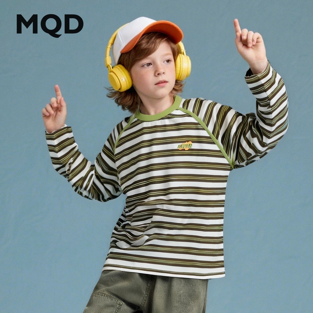MQD童装男童25秋季新款街潮宽松插肩袖长袖条纹T恤中大童打底内搭