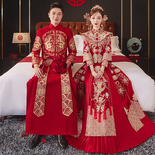 新款秀禾服出租情侣套装敬酒服新娘红嫁衣结婚礼服中式婚服龙凤褂