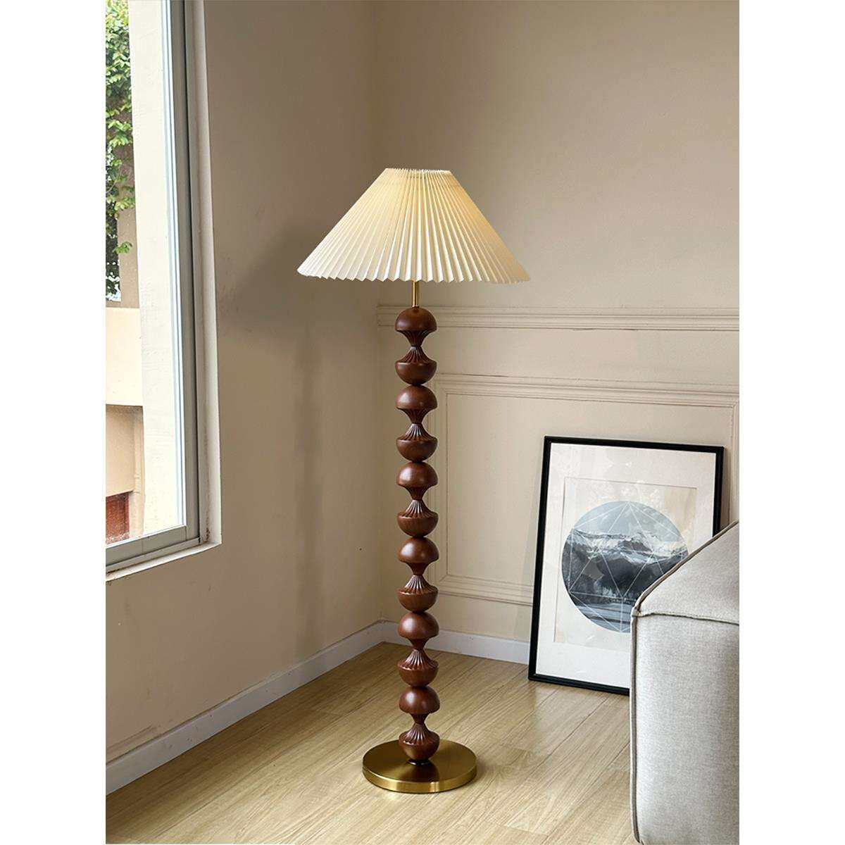 中古风落地灯日式原木创意百褶布客厅卧室沙发装饰灯简约立式台灯