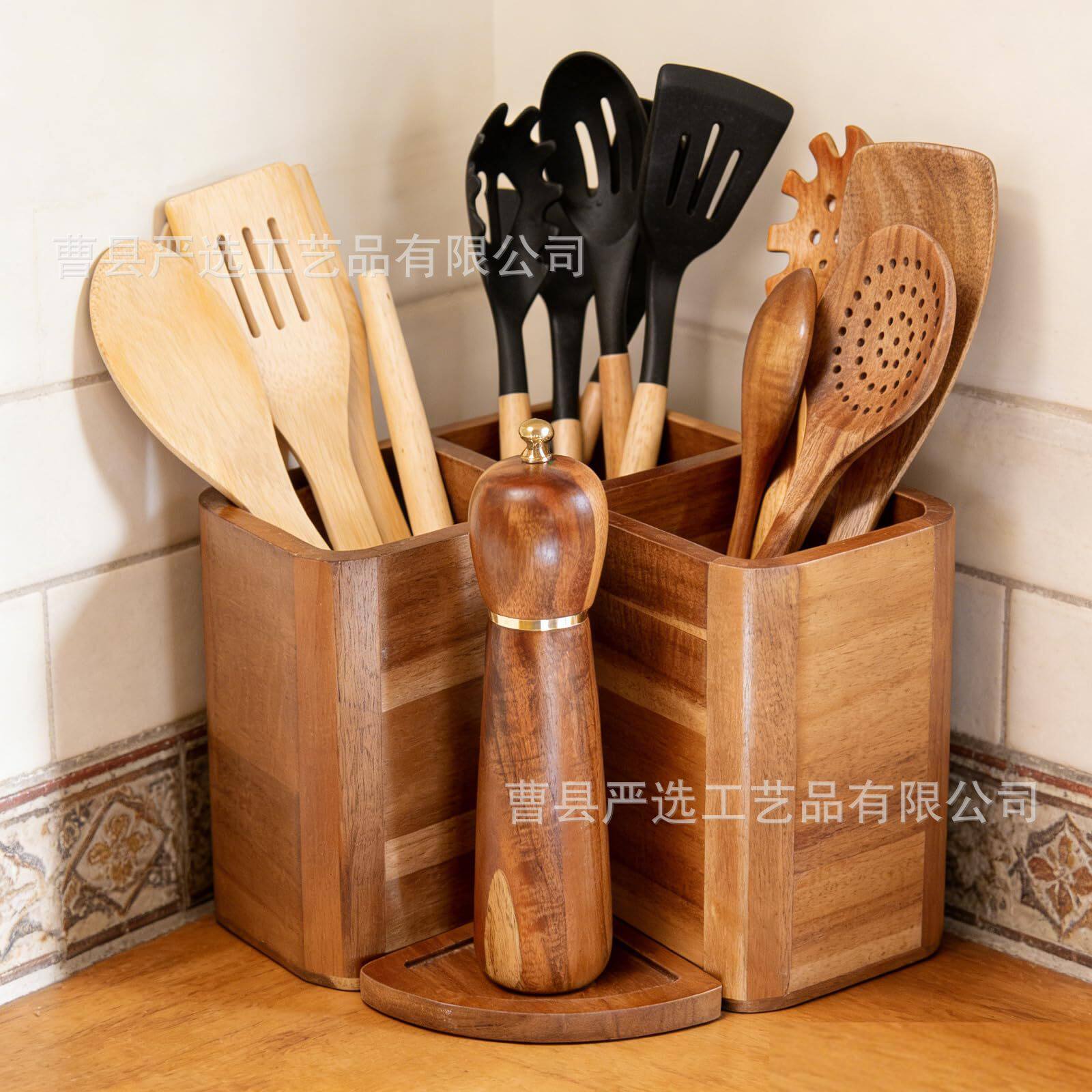 木制餐具整理盒厨房拐角刀叉收纳盒带分隔餐具分类盒家用杂物整理