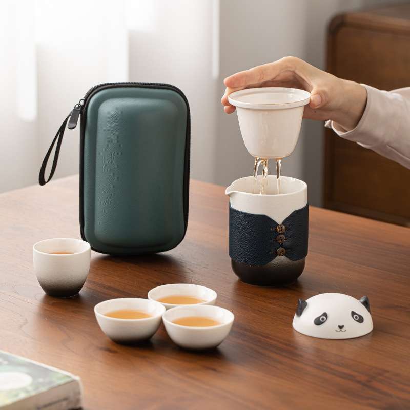 熊猫旅行茶具套装便携式收纳包一壶四杯户外泡茶随行杯功夫快客杯