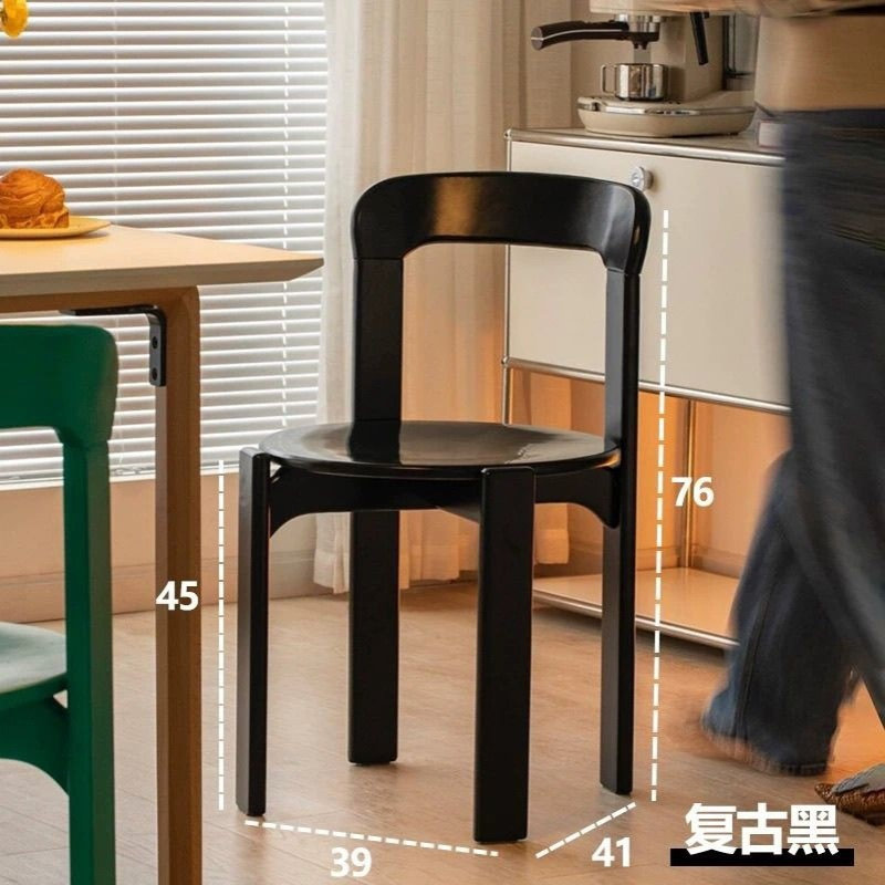 中古风黑色胡桃实木餐桌椅法式复古设计家具家用梳妆靠背圆形凳子