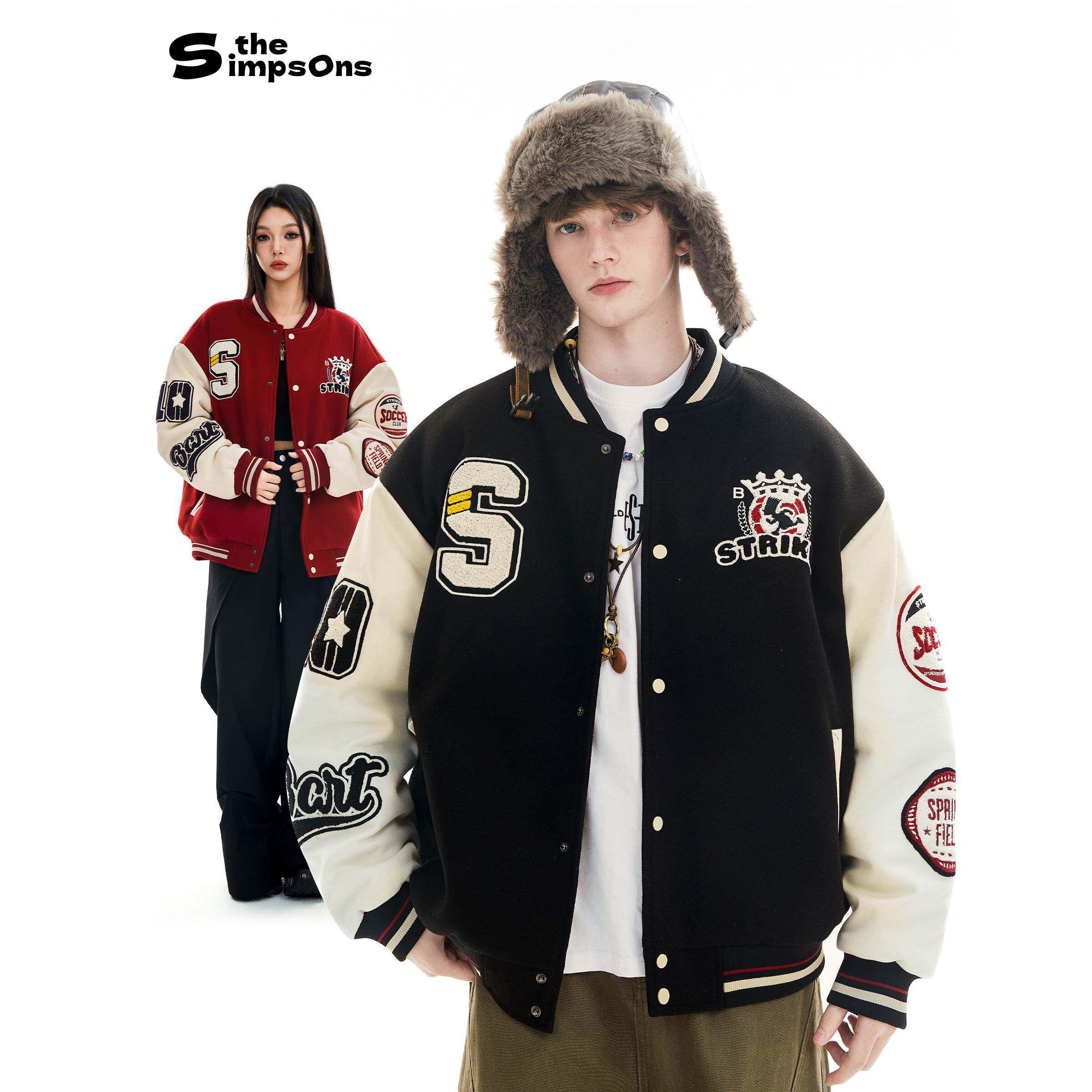 辛普森一家棒球服外套男秋冬季加厚情侣美式飞行夹克红色夹棉服女