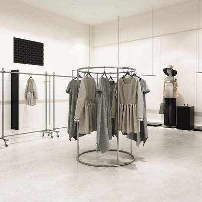 服装店中岛货架展示架落地不锈钢拉丝银圆形女装店铺中间陈列架子