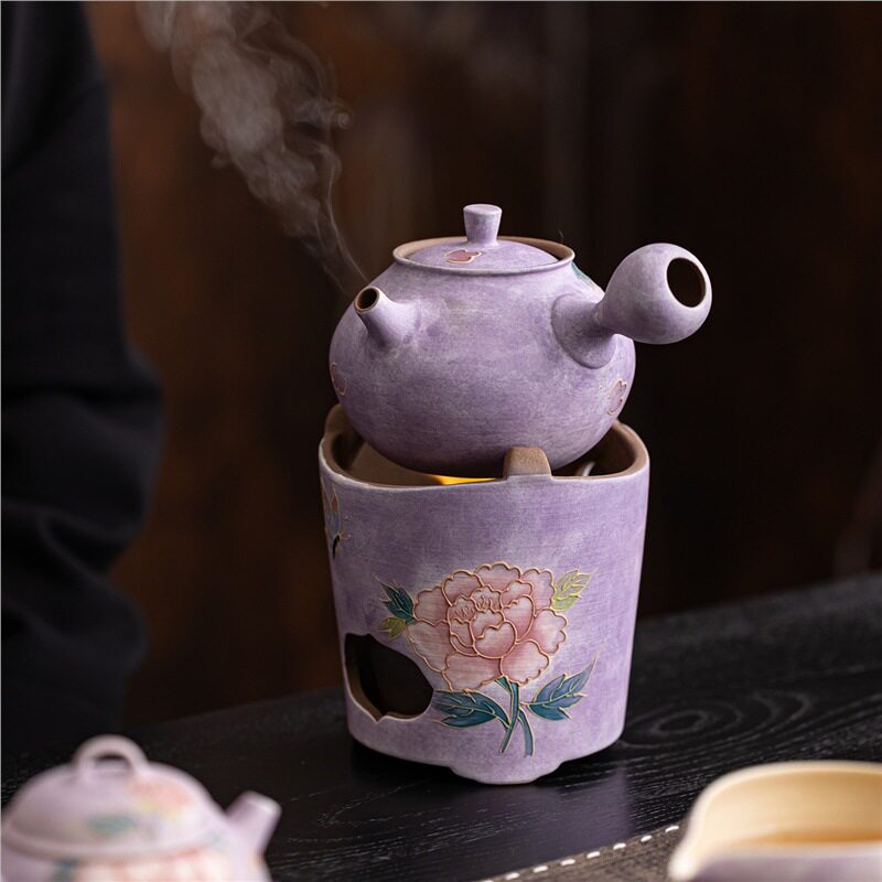 手绘牡丹温茶炉新中式侧把壶茶具套装 乔迁搬家礼品送女朋友礼物