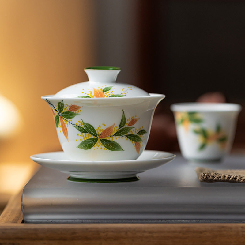 明泉茶斋手绘桂花三才盖碗高端陶瓷泡茶碗家用防烫带盖茶碗茶具