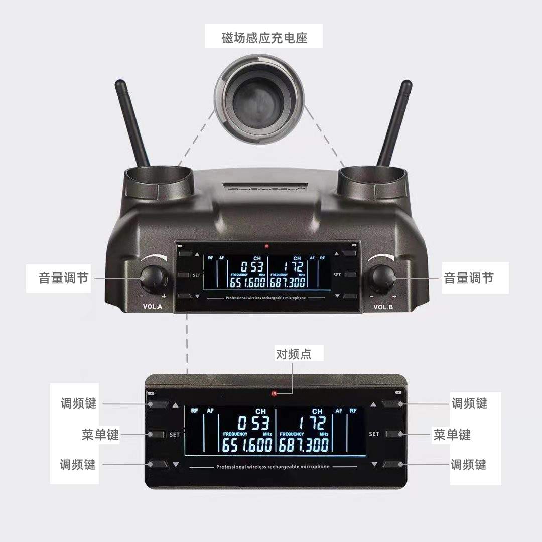 新款红外对频U段无线麦克风一拖二家用K歌充电一体机舞台演出话筒