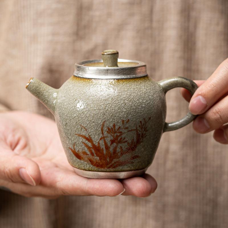 贵器冰花釉兰花壶仿古粗陶泡茶壶中式复古国风茶具陶瓷茶器冰裂釉