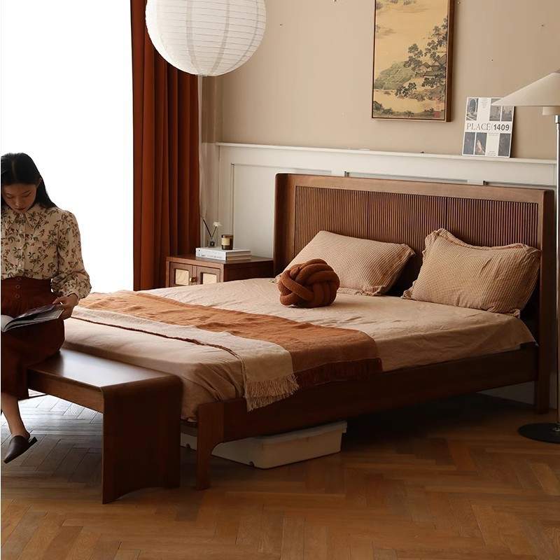 中古樱桃木实木床1.8米中式复古双人床家用黑胡桃木卧室靠背婚床