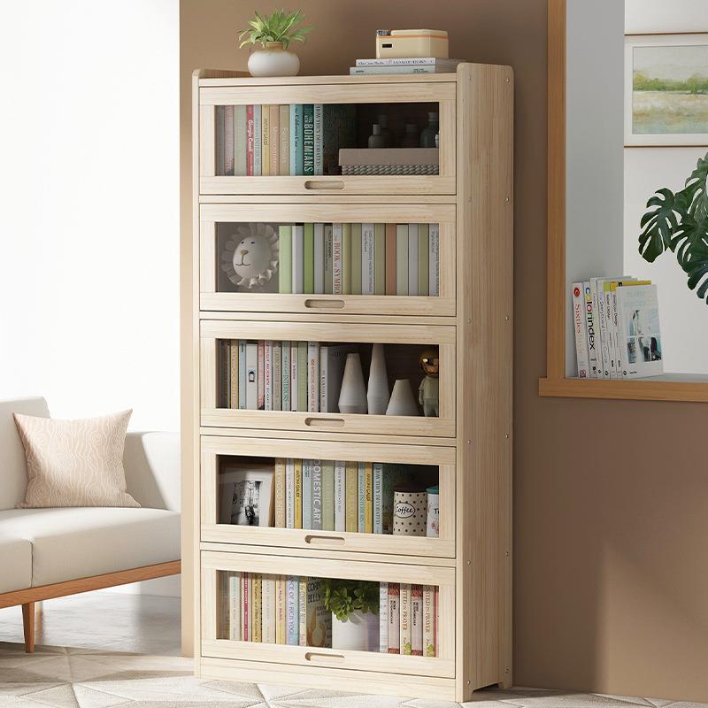 松木书柜上翻透明门学生书籍收纳柜多层落地实木书架子玩具收纳柜