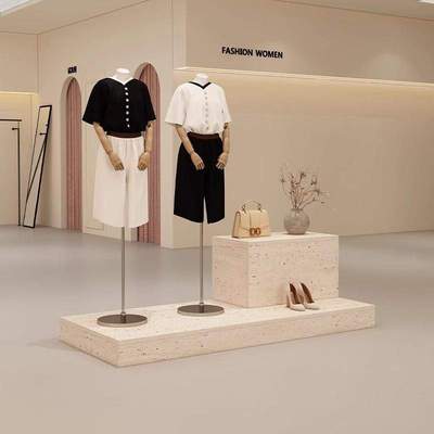 服装店展示柜简约现代中岛台洞石纹女装陈列柜橱窗地台摆放模特台