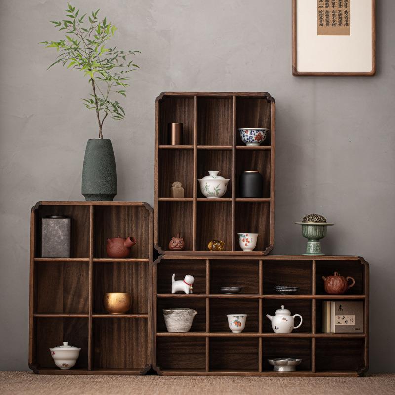 胡桃木博古架桌面实木新中式多宝阁茶杯茶壶展示架挂墙格子置物架