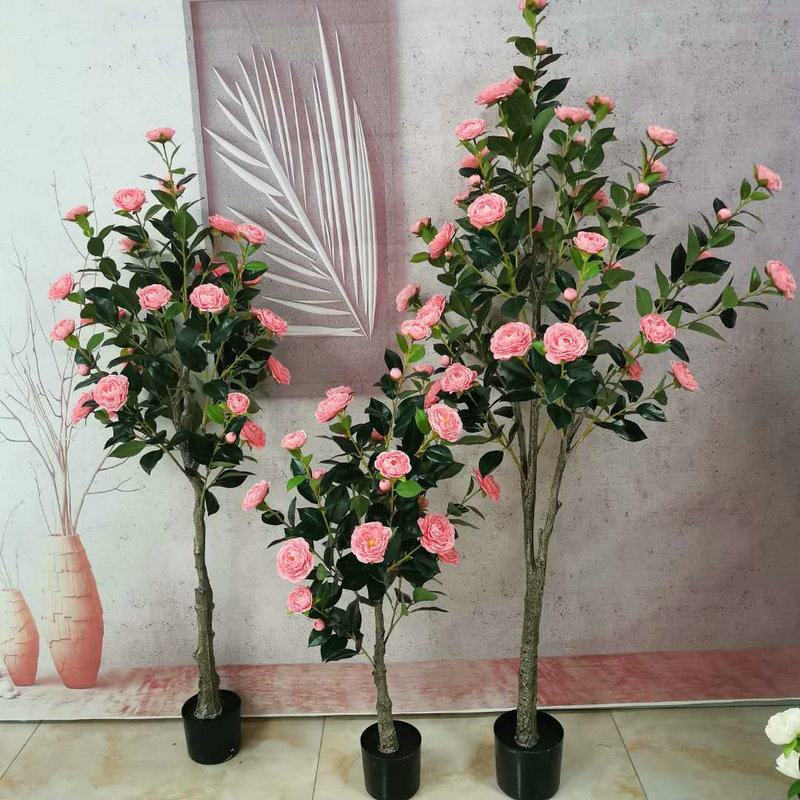外贸 仿真茶花盆景 仿真山茶花盆栽 仿真绿植假花 玫瑰花树批发
