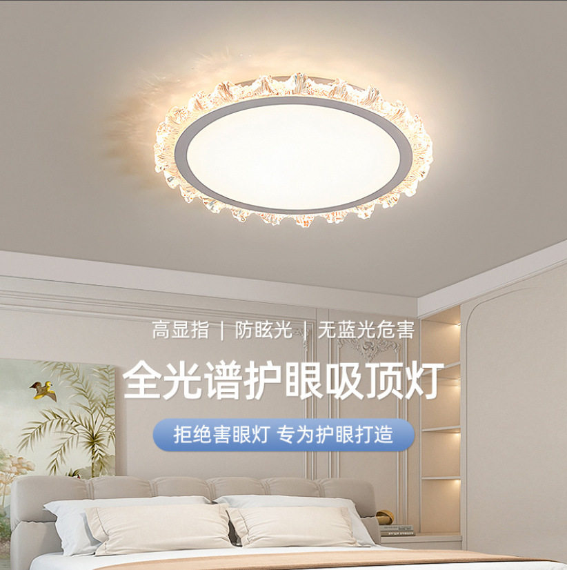 高亮简约现代卧室灯2024新款水晶花边温馨浪漫吸顶灯创意LED书房