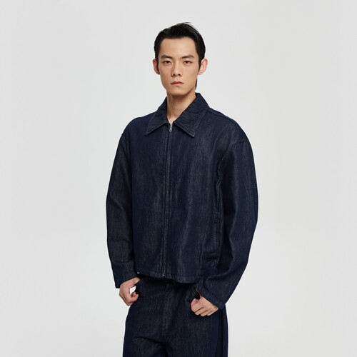 Oneup美式复古高级牛仔夹克休闲宽松重磅原牛工装拉链外套男秋冬