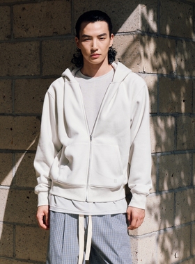 Oneup秋冬保暖重磅宽松运动加厚抓绒开衫外套白色拉链连帽卫衣男