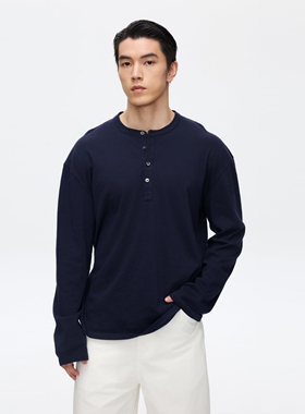 Oneup高捻40S纯棉亨利领长袖上衣高级轻薄透气宽松T恤打底衫男士