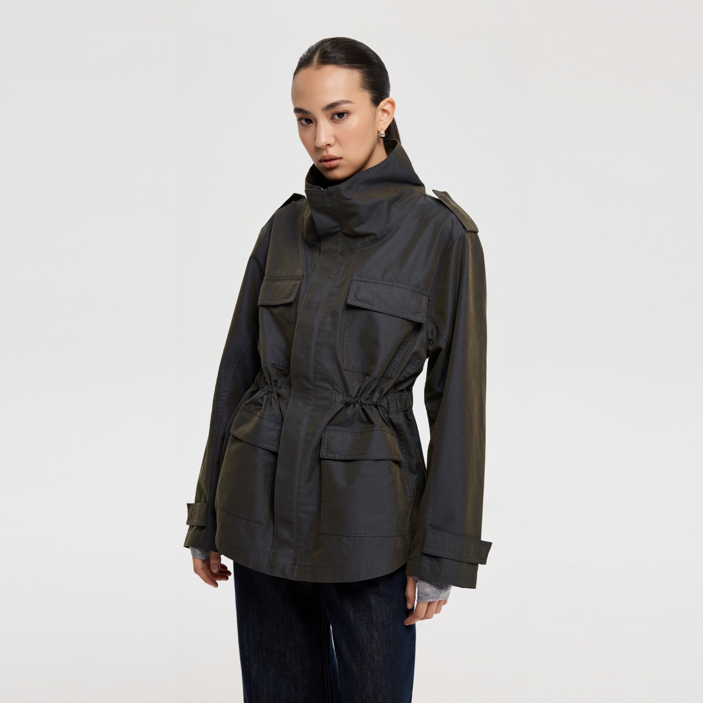 双色纱口袋拉链中长外套