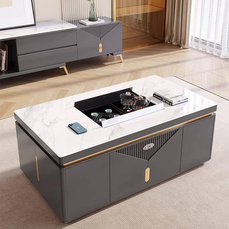 智能声控全岩板升降茶几电视柜组合小户型家用多功能电动茶台轻奢