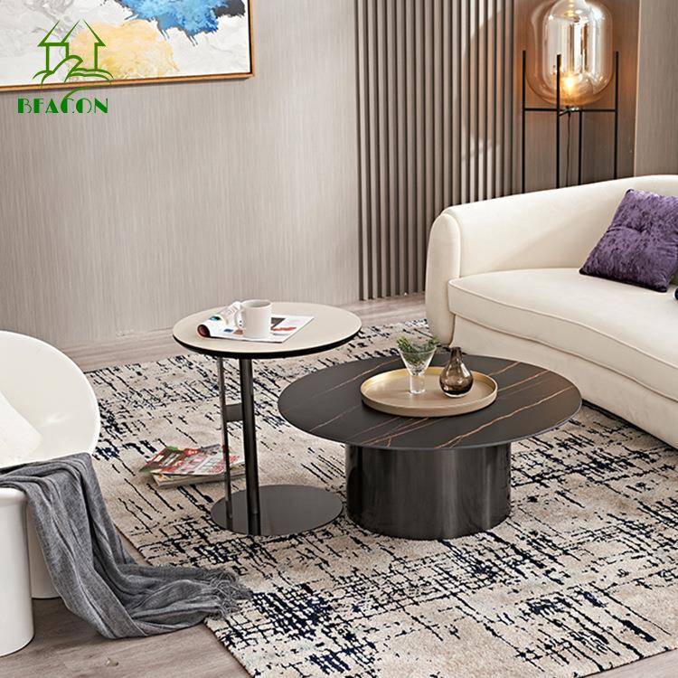 轻奢圆形茶几现代简约茶几桌意式创意岩板茶几客厅家用极简小户型