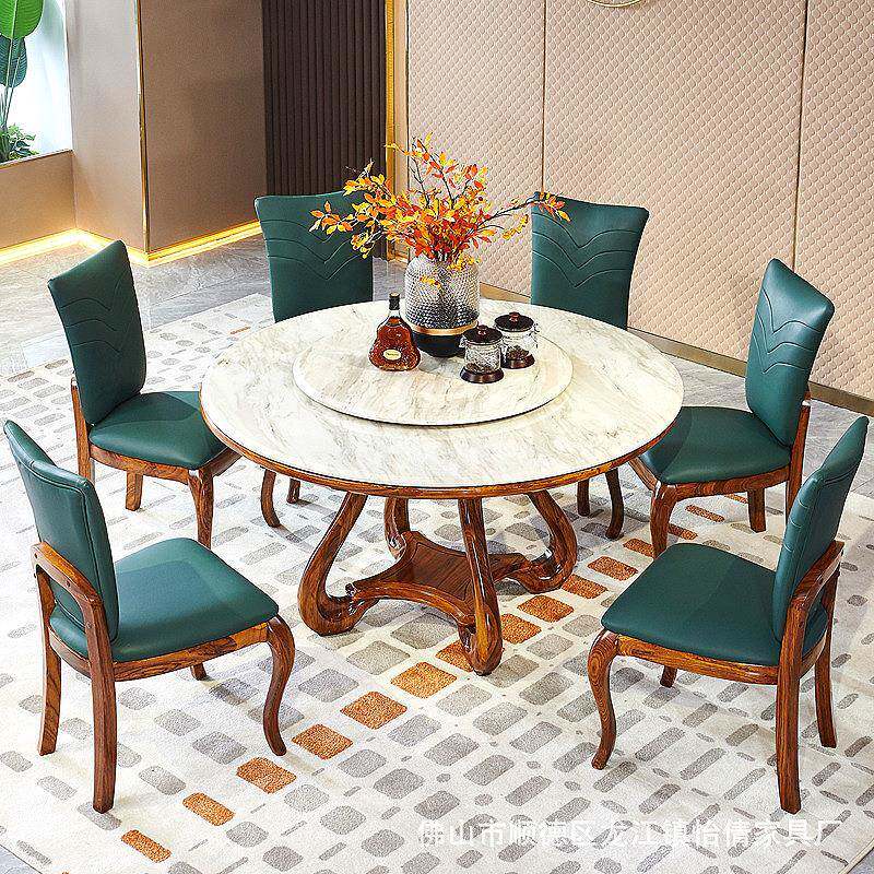 欧洛仕乌金木全实木大理石圆餐桌高档圆形中式圆桌家用高端餐桌椅