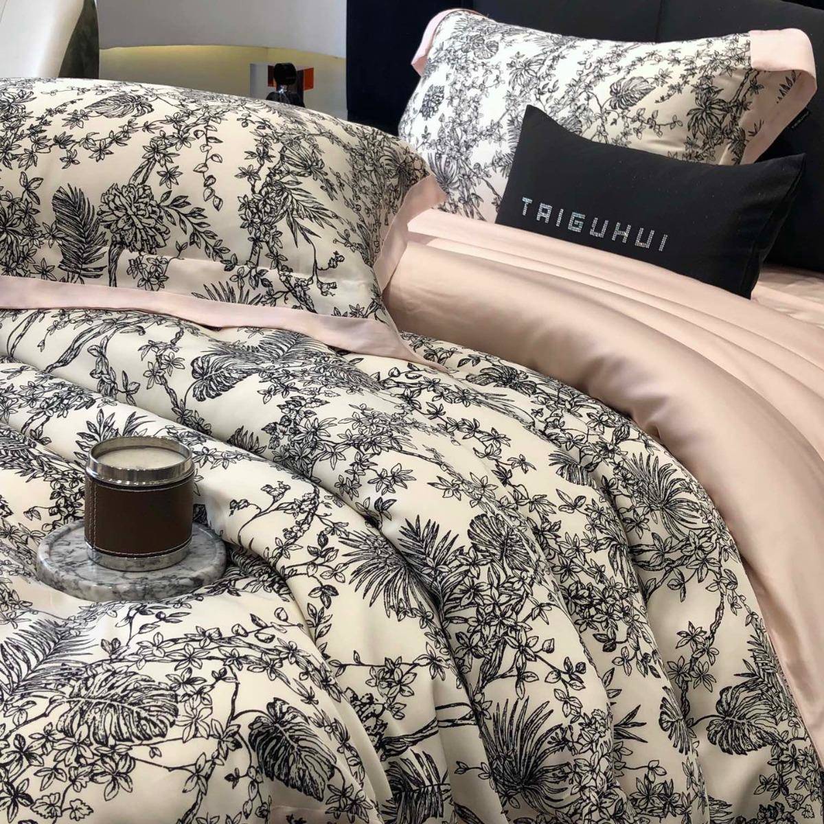 美式复古风天丝床上四件套植物数码印花冰丝被罩床单1.8米床品