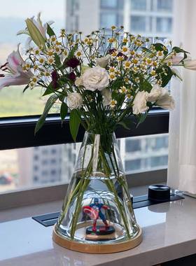 HJM-现代简约木底座空心透明玻璃花瓶创意插花样板间家居装饰摆件