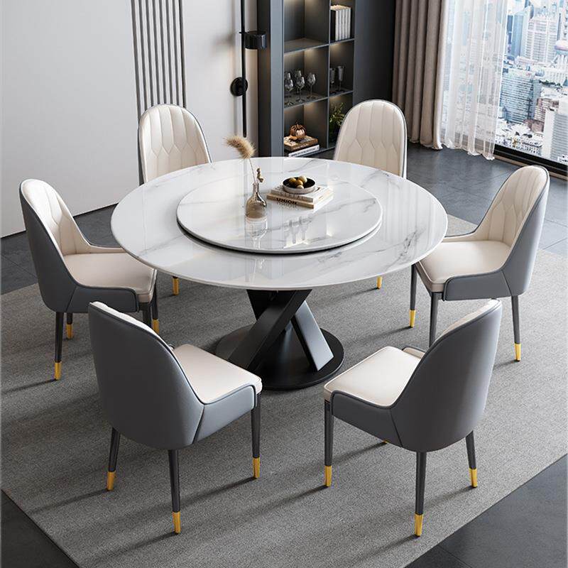 意式轻奢岩板餐桌圆桌现代简约圆形餐桌椅组合家用桌子配转盘饭桌