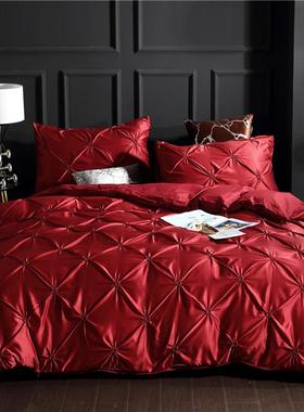 家纺水洗真丝三件套纯色揪花被套枕套欧式双人套件