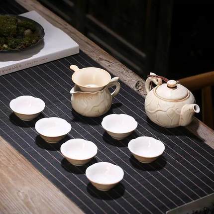 现货苏氏陶瓷G76103浅棕釉浮雕荷叶莲花杯茶具套装陶瓷茶具