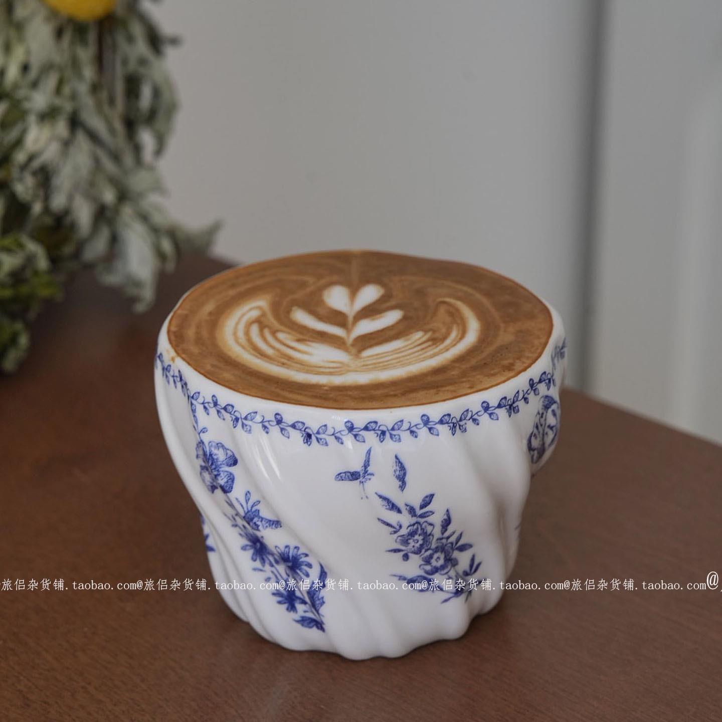 法式复古小兰花陶瓷手握杯咖啡拉花杯花茶杯下午茶澳白杯中古杯