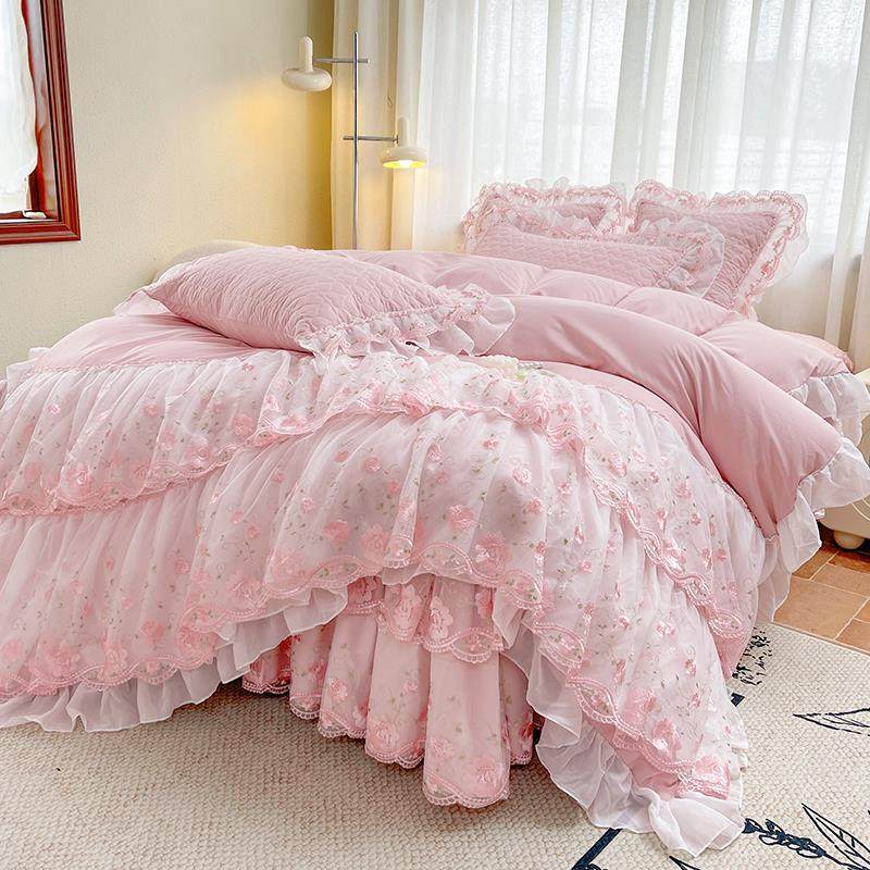 A类花边被套床裙四件套双层蕾丝夹棉加厚床罩套韩式浪漫床上4件套