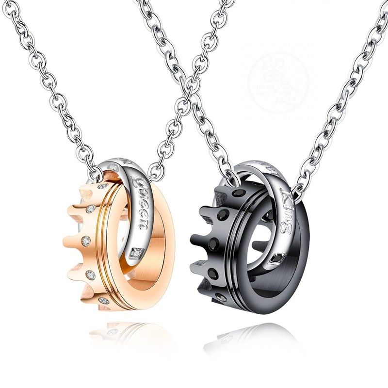 -His Queen Her King Titanium Steel Couple Necklace Diamond C