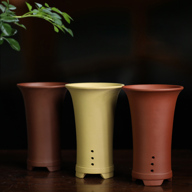 紫砂兰花盆小中号矮兰惠春建寒陶瓷素面圆口绿植花卉专用带侧孔托