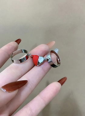 2 Pcs Punk Magnet Couple Rings Cuban Chain Charm Rings for L