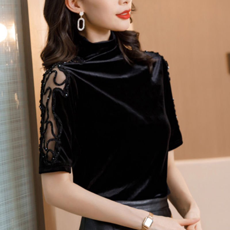 高领金丝绒打底衫春秋新款欧货高端女装中袖t恤修身洋气半袖上衣