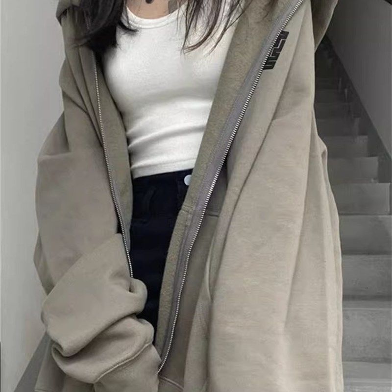 连帽卫衣女开衫春秋新款欧美高街宽松潮ins港风休闲拉链夹克外套