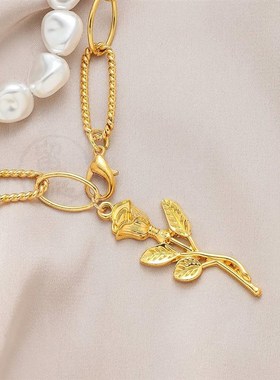 -New Double Layer Pearl Rose Necklace Simple Temperament Bea