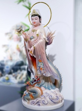 汉白玉站龙观音菩萨佛像家用踏龙观音菩萨乘龙观音佛像供奉摆件