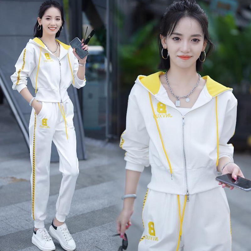 纯棉休闲运动服套装女装秋季新款欧货洋气连帽开衫宽松长裤两件套