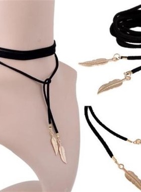 Long multi-layer Velour Necklace Vintage leaves pendant swea