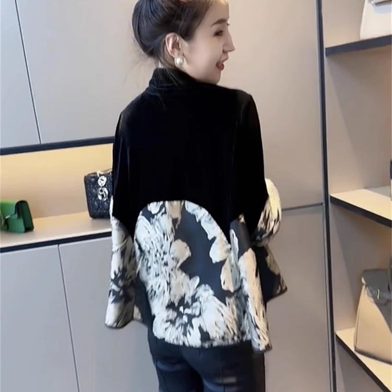 高端丝绒衬衫女春季新款国风盘扣气质上衣立领拼接长袖新中式女装