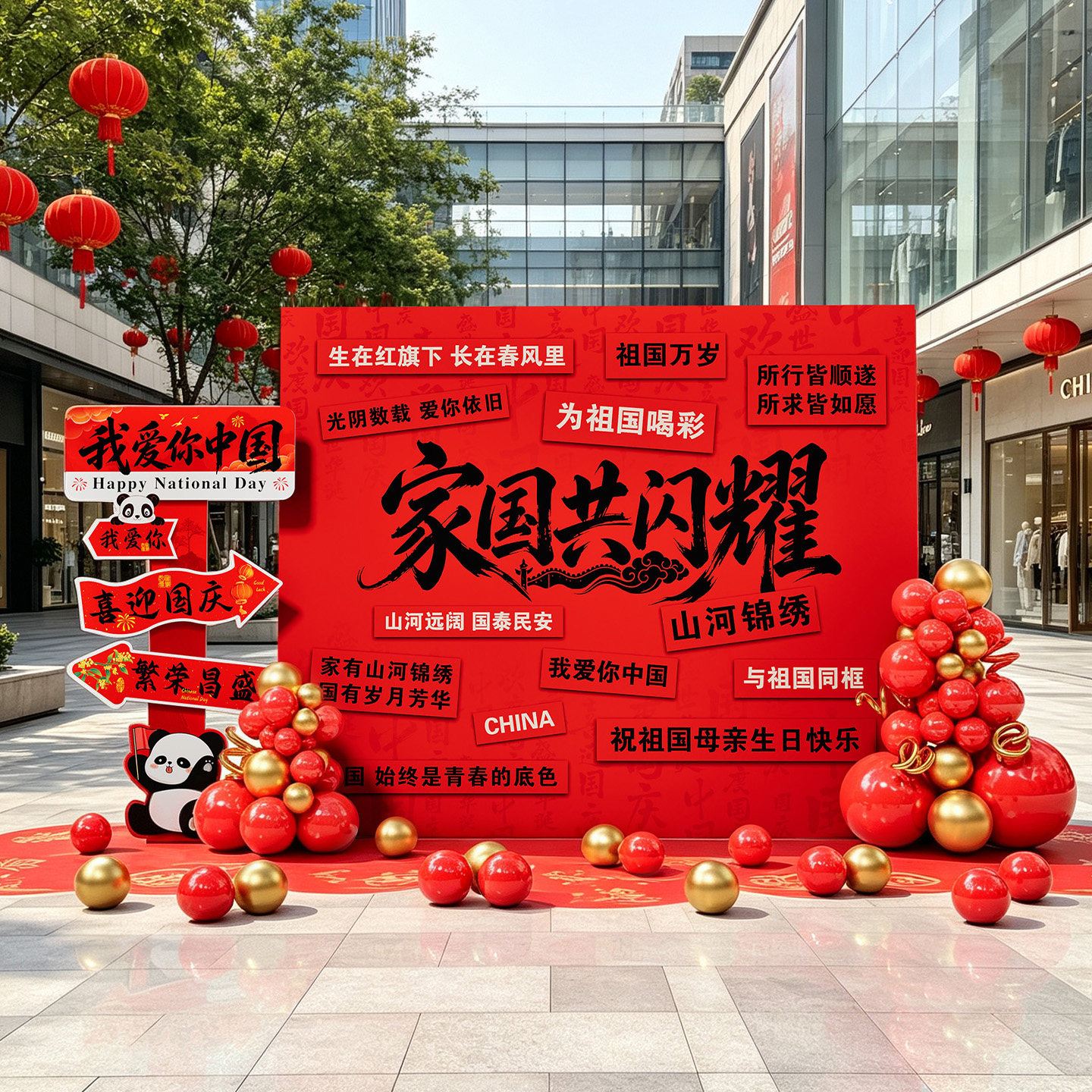国庆中秋烟花气球KT板橱窗布置