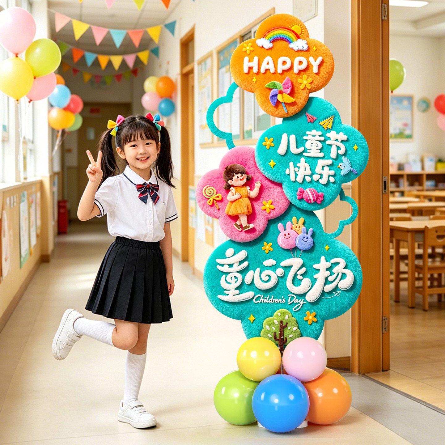六一布置气球路引立柱儿童节幼儿园KT板迎宾牌61装饰拍照氛围道具