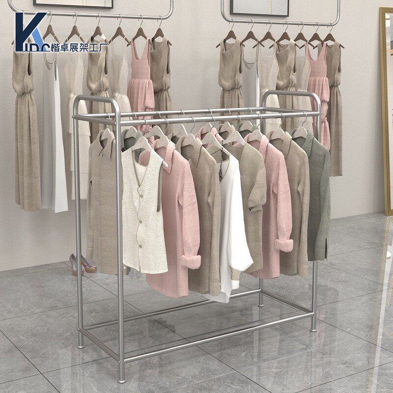 不锈钢服装店展示架双排中岛架落地双杠挂衣架可移动服装陈列货架图片