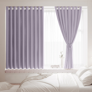 窗帘免打孔安装 窗帘杆一整套女孩房间紫色卧室飘窗全遮光2023新款