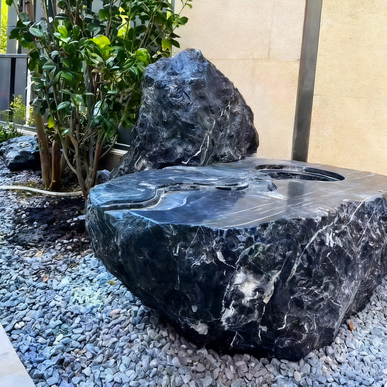 天然黑色石水钵流水石钵自循环假山加工日式造景庭院涌泉景石摆件