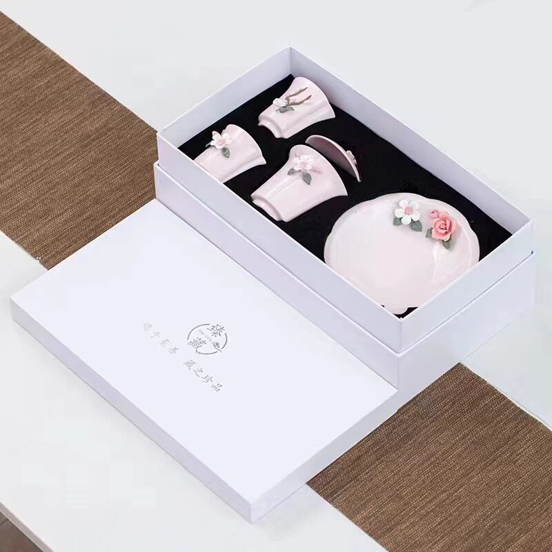粉红仿真花立体一壶两杯旅行套装女神款盖碗礼品茶具会所logo制定