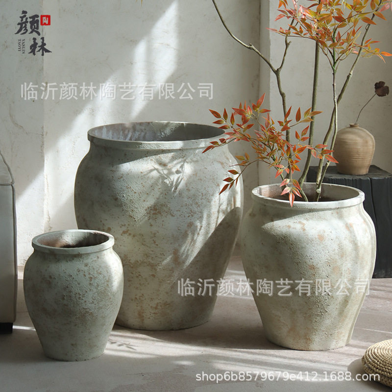 复古做旧水泥罐花盆大口径高款花器客厅橱窗售楼部商场装饰绿植盆