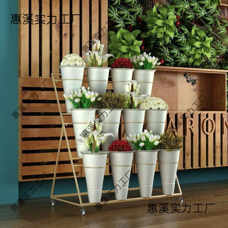 北欧金色大号花店花架可移动铁艺多层鲜花展示架塑料花桶架子展示